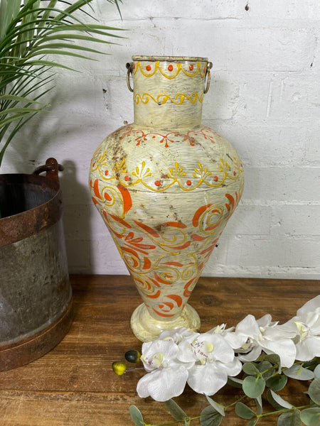 Vintage Indian Hand Painted Metal Urn Dry Flower Vase