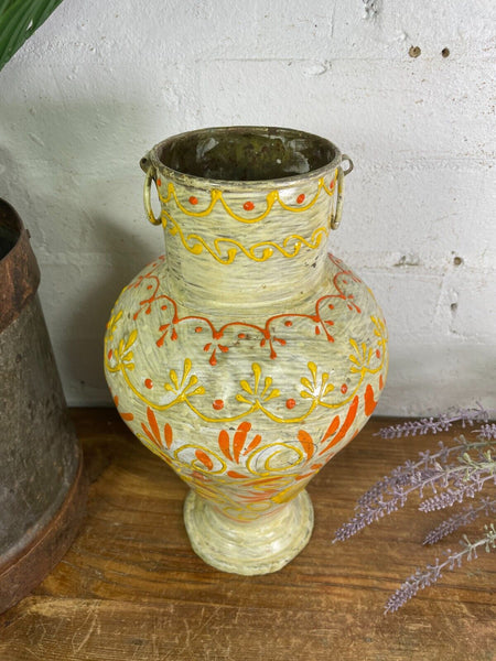 Vintage Indian Hand Painted Metal Urn Dry Flower Vase