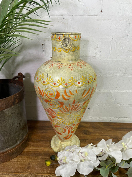 Vintage Indian Hand Painted Metal Urn Dry Flower Vase
