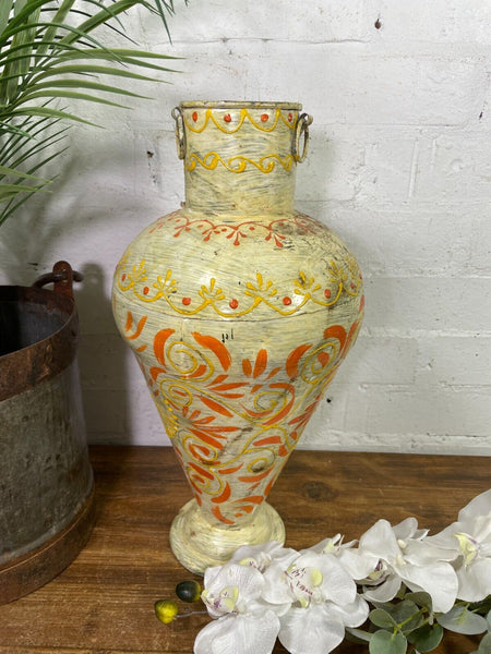 Vintage Indian Hand Painted Metal Urn Dry Flower Vase