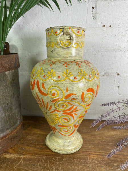 Vintage Indian Hand Painted Metal Urn Dry Flower Vase