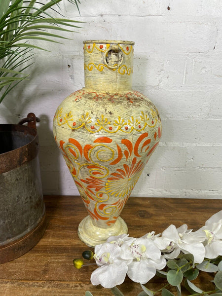 Vintage Indian Hand Painted Metal Urn Dry Flower Vase