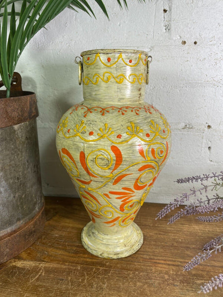 Vintage Indian Hand Painted Metal Urn Dry Flower Vase