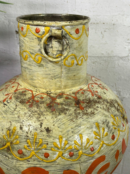 Vintage Indian Hand Painted Metal Urn Dry Flower Vase
