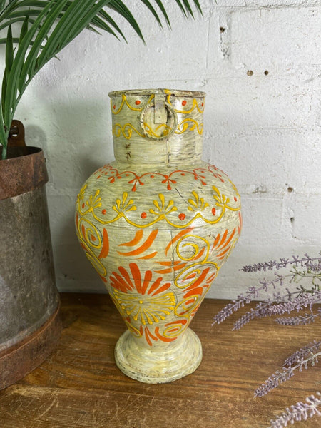 Vintage Indian Hand Painted Metal Urn Dry Flower Vase
