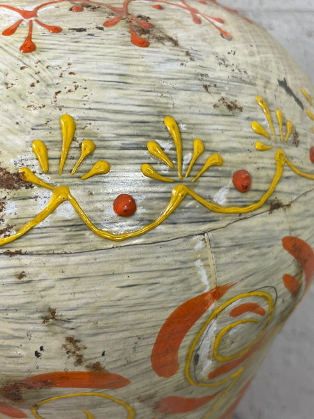 Vintage Indian Hand Painted Metal Urn Dry Flower Vase