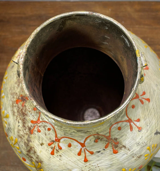 Vintage Indian Hand Painted Metal Urn Dry Flower Vase