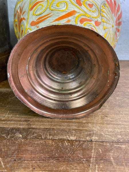Vintage Indian Hand Painted Metal Urn Dry Flower Vase