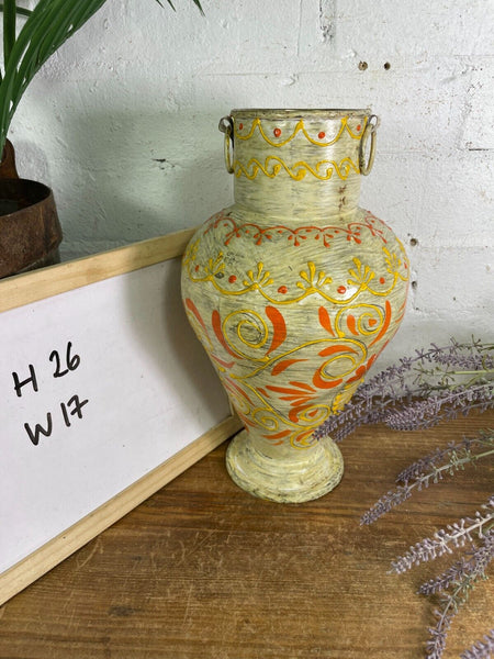 Vintage Indian Hand Painted Metal Urn Dry Flower Vase