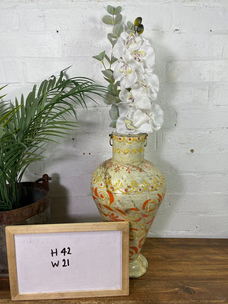 Vintage Indian Hand Painted Metal Urn Dry Flower Vase
