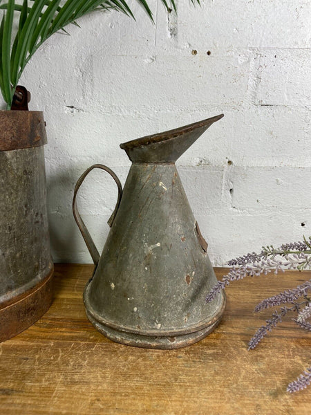 Vintage Rustic Galvanised Tin Metal Oil Measuring Jug Pitcher
