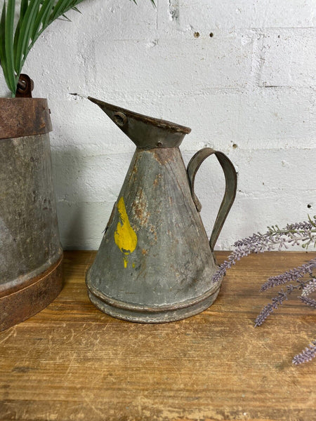 Vintage Rustic Galvanised Tin Metal Oil Measuring Jug Pitcher