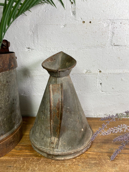 Vintage Rustic Galvanised Tin Metal Oil Measuring Jug Pitcher