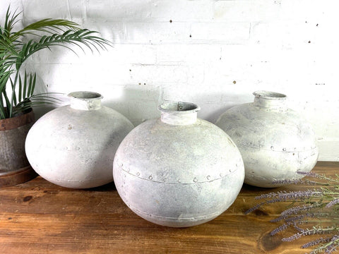 Authentic Indian White Painted Rustic Hand Made Riveted Water Pot Vase