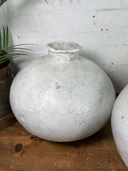 Authentic Indian White Painted Rustic Hand Made Riveted Water Pot Vase