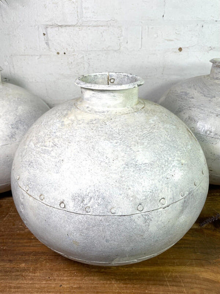 Authentic Indian White Painted Rustic Hand Made Riveted Water Pot Vase