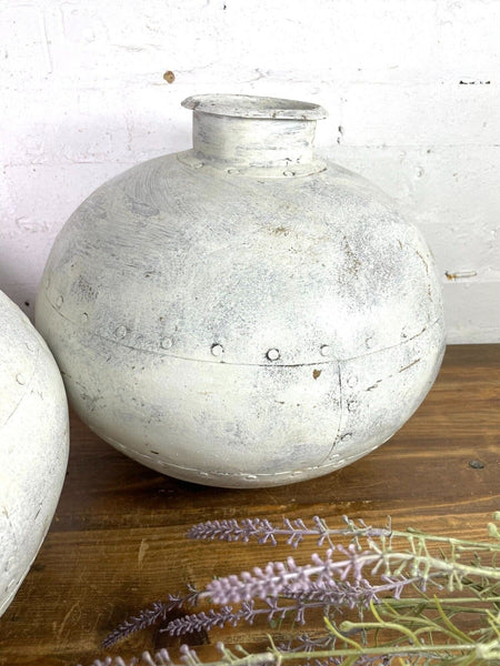 Authentic Indian White Painted Rustic Hand Made Riveted Water Pot Vase