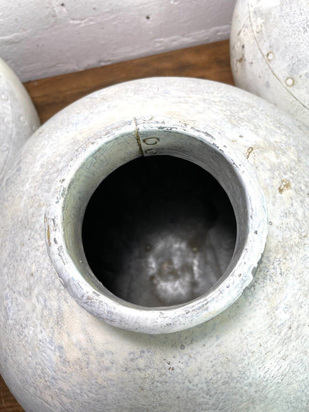 Authentic Indian White Painted Rustic Hand Made Riveted Water Pot Vase