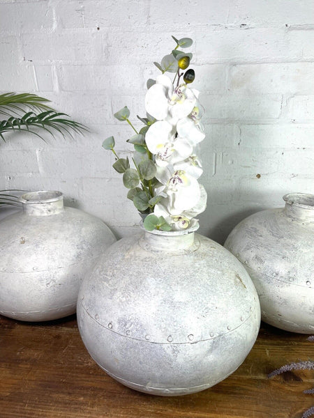 Authentic Indian White Painted Rustic Hand Made Riveted Water Pot Vase