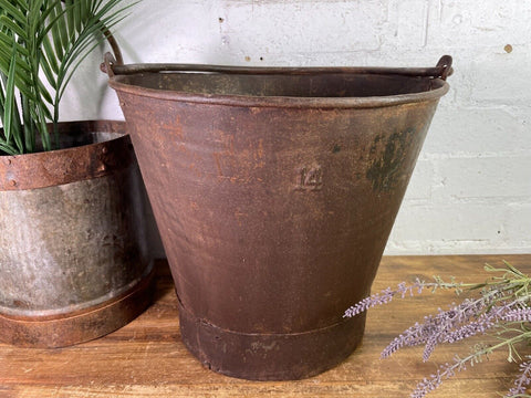 Large Vintage Reclaimed Galvanised Riveted Metal Fire Bucket Garden Planter Tub