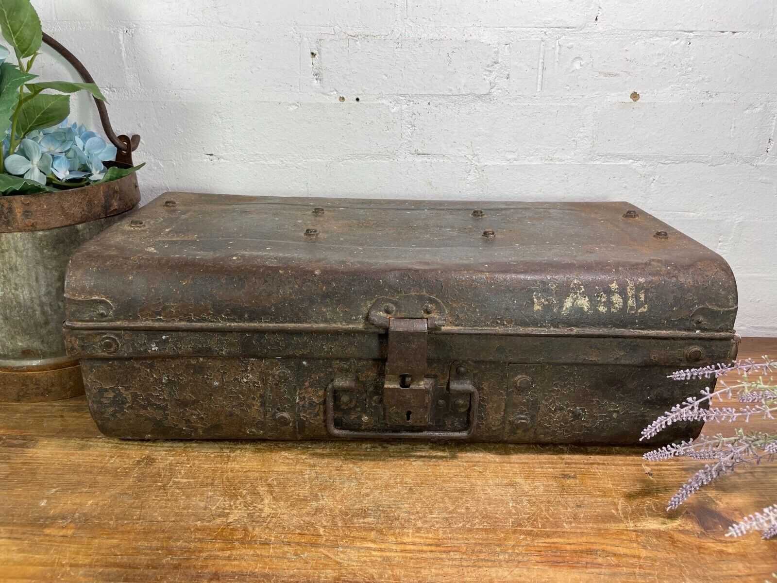 Vintage Industrial Indian Bombay Metal Railway Trunk Chest Luggage Coffee Table