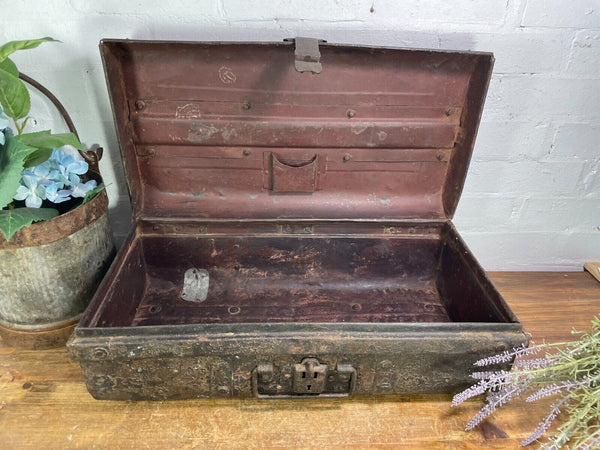 Vintage Industrial Indian Bombay Metal Railway Trunk Chest Luggage Coffee Table