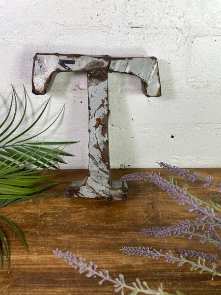 Letter T Vintage Reclaimed Tin Metal Oil Drum Letters