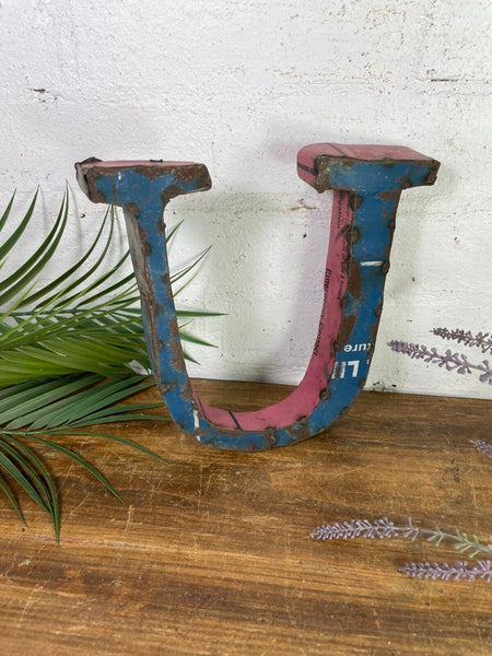 Letter U Vintage Reclaimed Tin Metal Oil Drum Letters