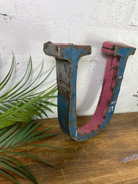 Letter U Vintage Reclaimed Tin Metal Oil Drum Letters