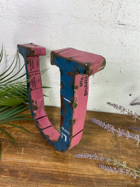 Letter U Vintage Reclaimed Tin Metal Oil Drum Letters
