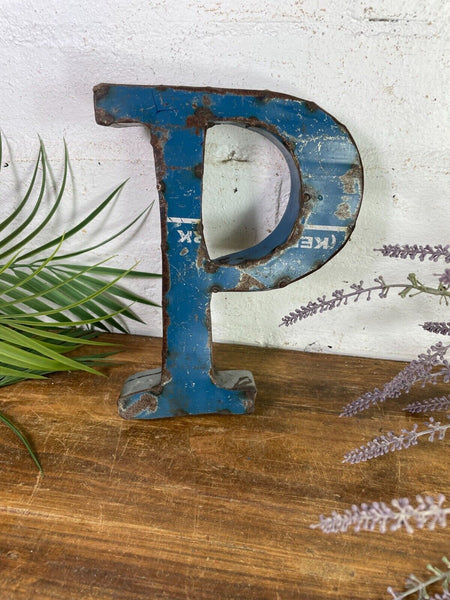 Letter P Vintage Reclaimed Tin Metal Oil Drum Letters