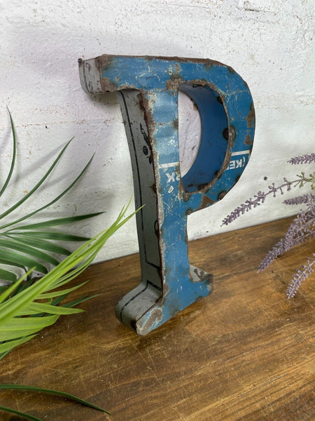 Letter P Vintage Reclaimed Tin Metal Oil Drum Letters