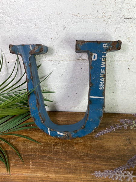 Letter U Vintage Reclaimed Tin Metal Oil Drum Letters