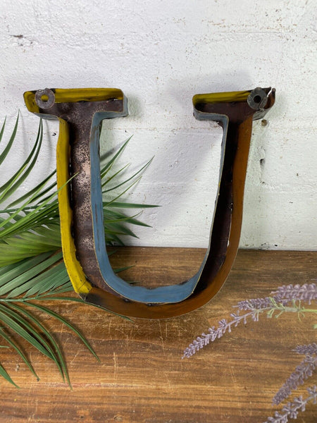 Letter U Vintage Reclaimed Tin Metal Oil Drum Letters