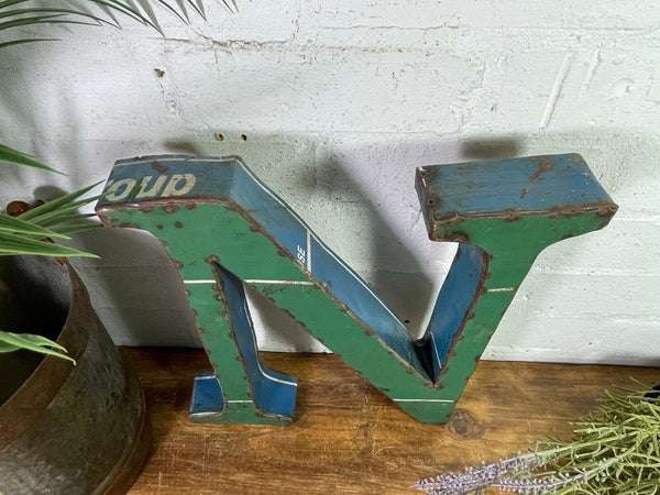 Letter N Vintage Reclaimed Tin Metal Oil Drum Letters