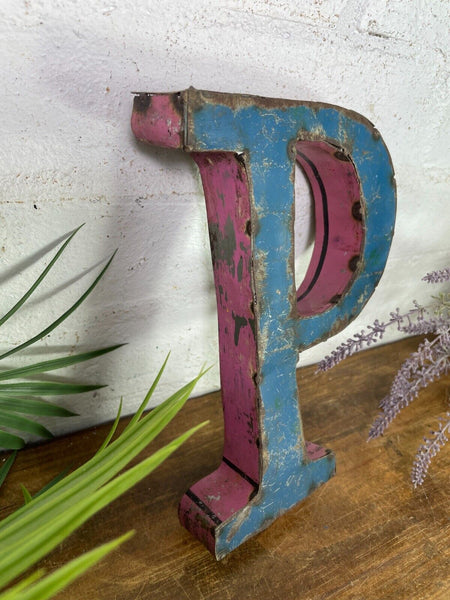 Letter P Vintage Reclaimed Tin Metal Oil Drum Letters