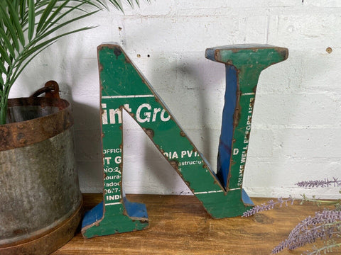 Letter N Vintage Reclaimed Tin Metal Oil Drum Letters