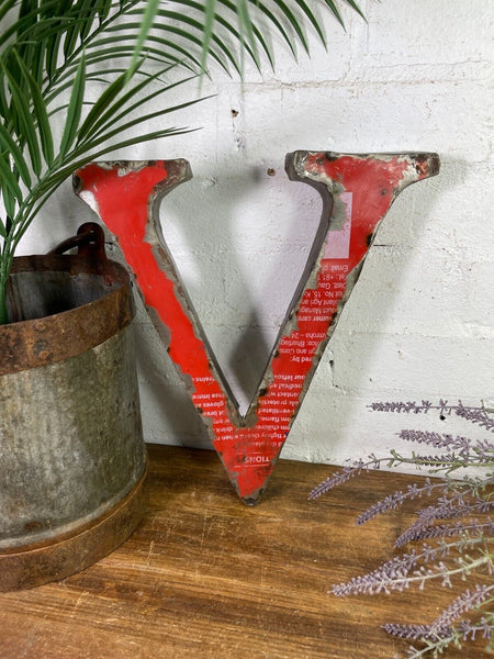 Letter V Vintage Reclaimed Tin Metal Oil Drum Letters