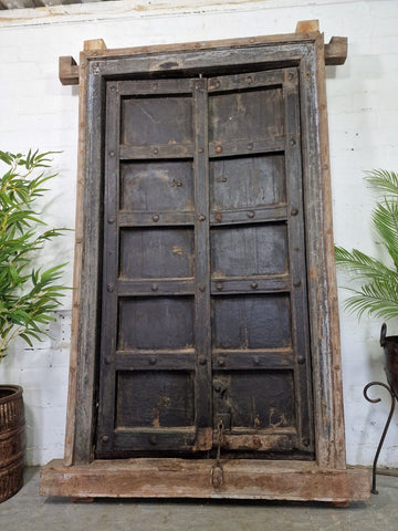 Large Pair Reclaimed Antique Indian Rustic Solid Wooden Doors With Frame