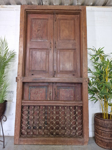 Large Pair Antique Indian Rustic Teak Wooden Window Stutters Doors  Iron Work