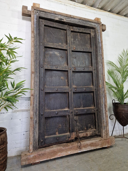 Large Pair Reclaimed Antique Indian Rustic Solid Wooden Doors With Frame