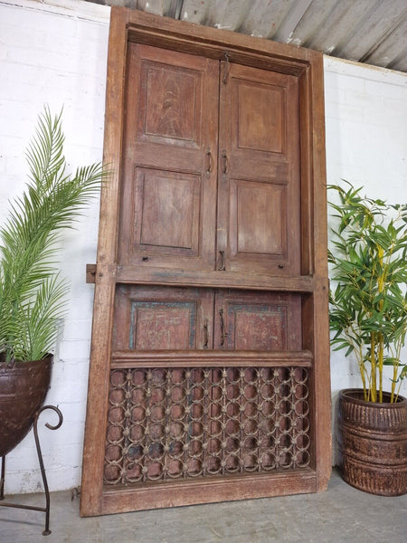 Large Pair Antique Indian Rustic Teak Wooden Window Stutters Doors  Iron Work