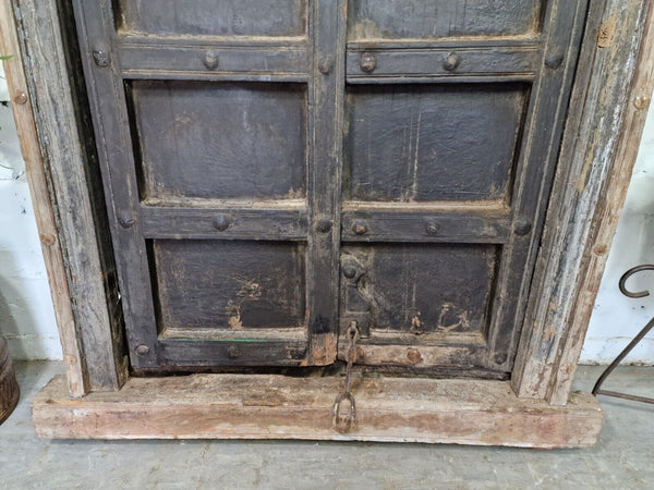 Large Pair Reclaimed Antique Indian Rustic Solid Wooden Doors With Frame