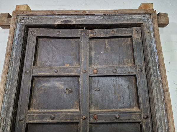 Large Pair Reclaimed Antique Indian Rustic Solid Wooden Doors With Frame