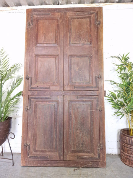Large Pair Antique Indian Rustic Teak Wooden Window Stutters Doors  Iron Work