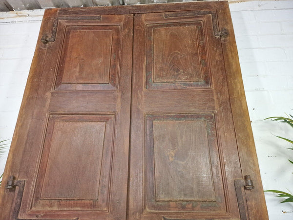 Large Pair Antique Indian Rustic Teak Wooden Window Stutters Doors  Iron Work