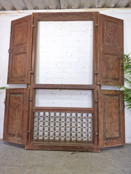 Large Pair Antique Indian Rustic Teak Wooden Window Stutters Doors  Iron Work