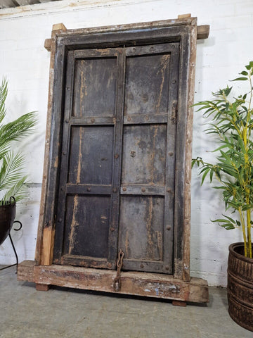 Large Pair Reclaimed Antique Indian Rustic Solid Wooden Doors With Frame