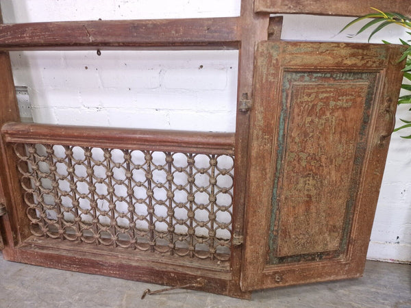 Large Pair Antique Indian Rustic Teak Wooden Window Stutters Doors  Iron Work