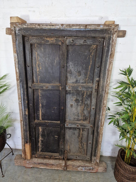 Large Pair Reclaimed Antique Indian Rustic Solid Wooden Doors With Frame